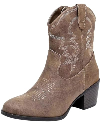 ANUFER Mujeres Mitad de la Pantorrilla Botas Vaqueras Bordado Tacón de Bloque Cremallera Lateral Zapatos Vaqueros SN079163D Marrón EU45