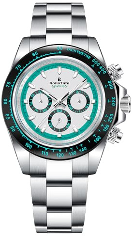 RollsTimi RT137 Orologio da uomo automatico in acciaio inossidabile impermeabile multifunzionale casual business orologi da uomo moda sport cronografo lente zaffiro (Argento Nero RT137)