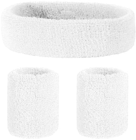 3 Pcs Headband Wristband Set, Sports Headband Wristbands, Cotton Sweat Band for Sports, Sweatbands Set for Athletic Men and Women(1 Headband + 2 Wristbands,White)