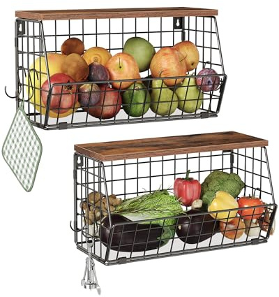 CHOEZON 2 Pack Fruit Basket for Kitchen, Stackable Wire Baskets with Wooden Lid, Hanging Basket with Banana Hanger, Kitchen Countertop Rack, for Fruit, Vegetable, Rustic Brown and Black DTCW04P2BF