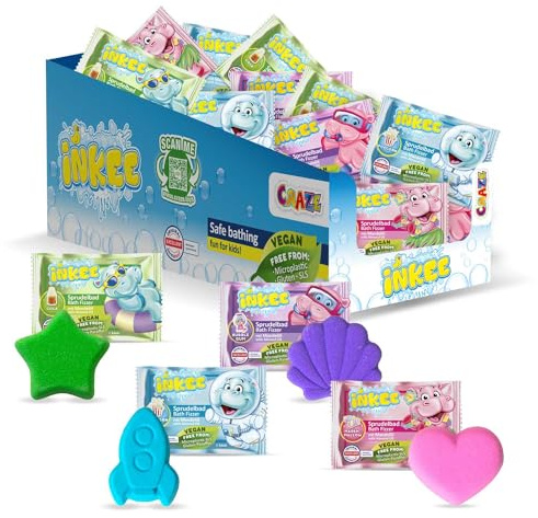 INKEE Bath Fizzer - Caja de 40 Bombas de Baño Efervescentes Enriquecidas con Aceite de Almendras, Surtido con 4 Formas, Colores y Aromas diferentes