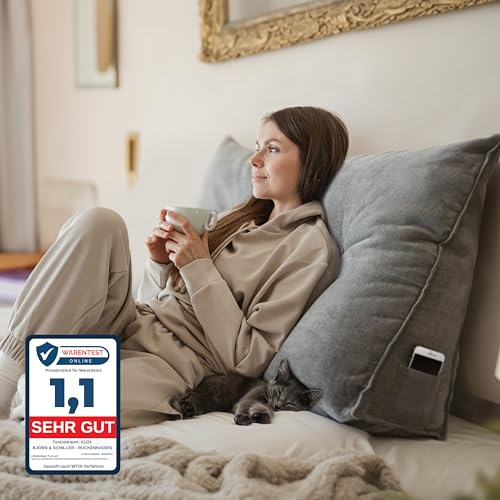 Björn&Schiller Rückenkissen - Lesekissen für Bett und Sofa, Keilkissen, Rückenpolster für die Wand, Sitzkissen, Wandkissen, groß mit waschbarem Bezug (Grau, 70 cm)