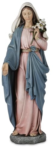 Grace4Joy Estatua de la Madre bendecida – Figura de Santa María sosteniendo Lirios Elegante decoración del hogar, Estatua de Virgen María Pintada a Mano colección renacentista