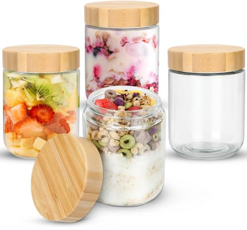 Mozvvco 4 Tarros de Comida Preparada 500ml Tarros de Avena con Tapa, 16oz Tarros de Cristal con Tapa de Rosca, Bote Cristal Hermetico para Yogur,Batido,Avena,Mermelada,Especias,Preparación de Comidas