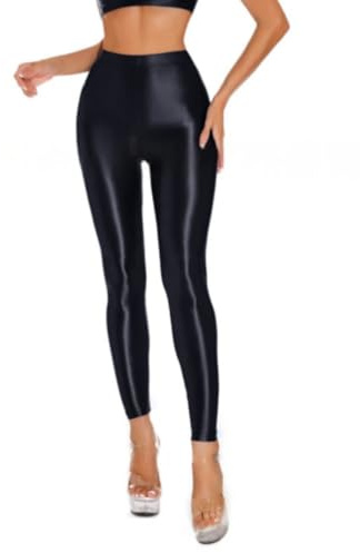 Women's Shiny Leggings, High Waist Tummy Control Glossy Yoga Sports Pants, Stretchy Foil Metallic Spandex Tights for 80s Disco, Slim Fit Solid Full Length Trousers for Dancewear Nightclub Rave Party