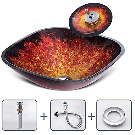 Aioneer Frost Flame Pattern Vessel Sink Tempered Glass Above Counter Square Shape Bathroom Washing Basin Combo With Waterfall Faucet, Artistic Blue Lavatory Bowl For Home Hotel B-Red-A