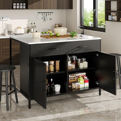 Huayz Isola da cucina, armadio da cucina con 2 cassetti, tavolo per la colazione, bar, isola della cucina con ripiani, isola della cucina, isola con piani di lavoro in marmo, 100 x 90 x 90 cm, piedini