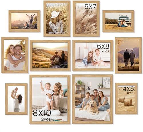 KovaScape Set of 12 Oak Color Picture Frames, Eco-Friendly WPC Matte Wood Grain Photo Collage Frame Set for Wall Decor & Tabletop, 4x6 5x7 6x8 8x10, Shatterproof Acrylic, Child & Pet Safe
