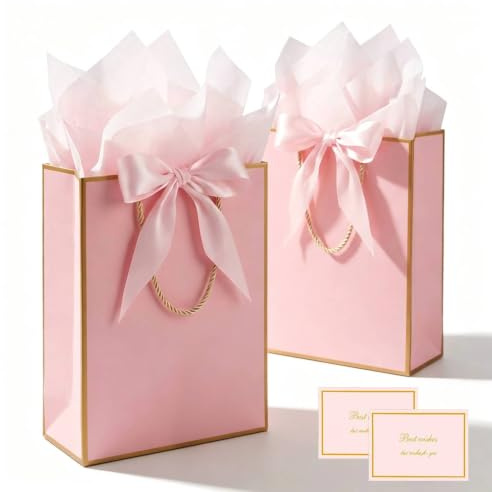MtnLaur presentpåsar rosa 2pack, presentpåsar med handtag och band, mellanstora presentpåsar i papper med omslagspapper och gratulationskort för flickor, kvinnor, födelsedagar, bröllop och babyshowers