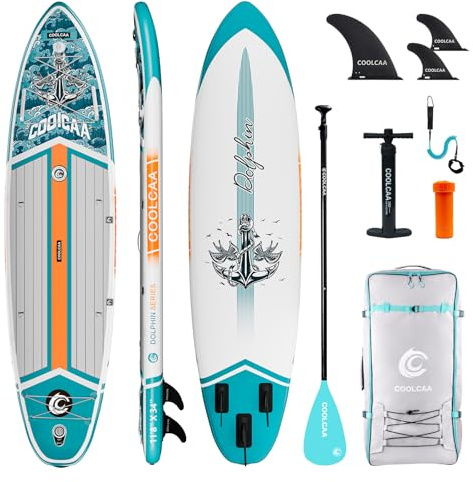 COOLCAA Dolphin Lite SUP Board 355 cm (extra grande) Stand Up Paddling Board Gonfiabile Stand Up Paddle Board con 86 cm Extra Larghezza, Tavola da pesca con accessori e borsa per il trasporto per