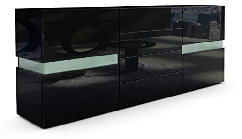 Vladon Sideboard Flow, Noir Haute Brillance/Noir Haute Brillance - Commode Moderne avec vitrage Ambient Light pour Votre Espace de Vie (177 x 75 x 39 cm)
