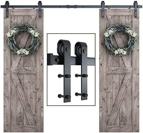 SMARTSTANDARD 8 FT Double Barn Door Hardware Kit, Sliding Door Track-Smoothly and Quietly -Includes Detailed Installation Fit 24 Wide Doorpanel (J Shape Hanger) Black