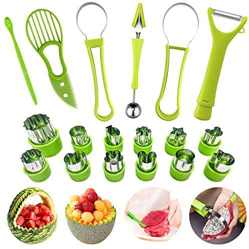 18pcs Melon Baller Scoop Set, FODIENS 4 In 1 Stainless Steel Fruit Slicer Peeler Set, Avocado Slicer Orange Peeler Fruits Vegetables Carving Tools Set with Mini Fruit Cookie Cutters Set