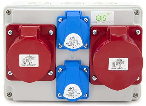 ELS Elektrotechnika Distributore di corrente da parete 2 x 230 V + 1 x CEE 32 A + 1 x EEC 16 A Distributore di corrente da cantiere per interni/esterni, officine e fabbriche