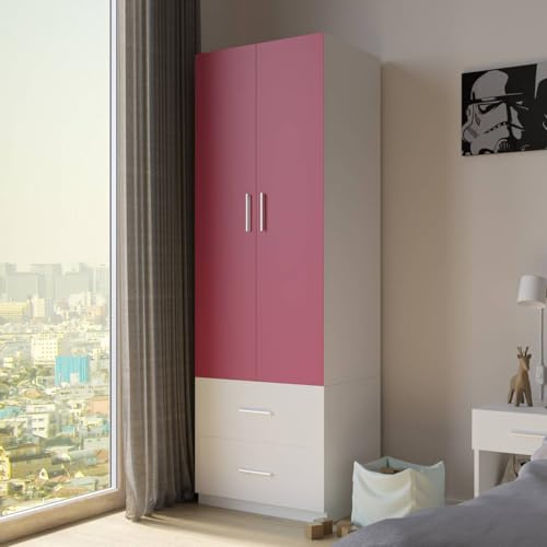 URBNLIVING Modern Kids Large Bedroom Double Wardrobe 2 Doors and 2 Drawers Closet Cupboard Storage Unit (Pink Carcass + White Drawers)