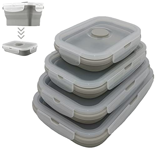 YXIAOO Lot de 4 Récipient Pliables en Silicone, Conservation Alimentaire avec Couvercles Hermétique, Boîtes de conservation Boîtes de Stockage pour Bureau L'école Pique Nique Camping - Gris