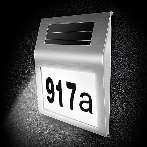 COEKI Número de Casa de Acero Inoxidable Iluminado por 2 LEDs Número de Casa Solar con Interruptor Crepuscular IP65 Impermeable para Exteriores con Números 0-9 y Letras A-H