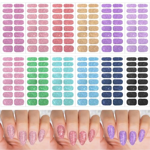 12 Sheets Glitter Nail Wraps, Nail Polish Strips Stickers, Shine Full Wrap Nail Polish Decals, Self-Adhesive Nail Art Decals Strips Manicure Kits Nail Art Designs for Women Girls