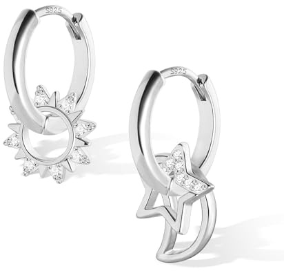 ALEXCRAFT Pendientes Mujer Luna Y Estrella 925 Pendientes Mujer Plata Aros Con Colgantes Estrella Y Luna