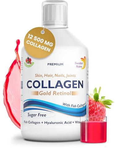 Swedish Nutra - 12,500 mg Hydrolyzed Marine Collagen & Gold Retinol Liquid Supplement - 500 ml Pack, 20 Day Supply | Pure Peptide & Hyaluronic Acid for Healthy Hair, Skin, Nails & Joints I Sugar-Free