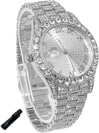 genkigold Diamantklocka för tonårspojkar - rund urtavla 43 mm romerska siffror - äkta guldpläterad 18K/platina-armband 20,5 cm - justeringsverktyg ingår, kan kombineras med kubansk kedja