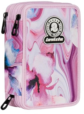 Invicta Trousse Scolaire 3 Zip Fantaisie, Rose et Violet, Triple Compartiment Complet avec Stylets, Crayons et marqueurs, Accessoires Scolaires, Accessoires Sac à Dos, école Primaire, Fille, Rose,