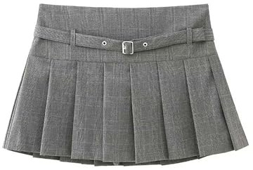 Nuova da Donna Pantaloni Larghi a Pieghe con Cintura Gonna Corta Gonna a Pieghe-Grigio-XS