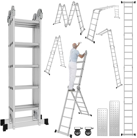 Ollewiellan 4X5 Stufen Mehrzweckleiter Max 150kg, Alu Leiter 5.8M Multifunktionsleiter,Klappleiter mit Plattform und Räder,Haushaltsleiter,Trittleiter,Super Ladder for Home und Garten
