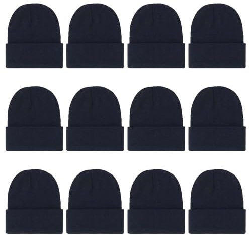 ZH 12-Pack Knitted Winter Beanie Hats for Men and Women, Warm and Cozy Cuffed Skull Caps, Bulk Purchase Black