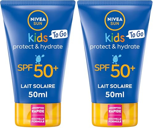 NIVEA SUN Lait solaire Protect & Play Enfants FPS 50+ Format voyage (1 x 50 ml), Crème solaire résistante à l’eau, Protection solaire formulée pour la peau des enfants (Lot de 2)