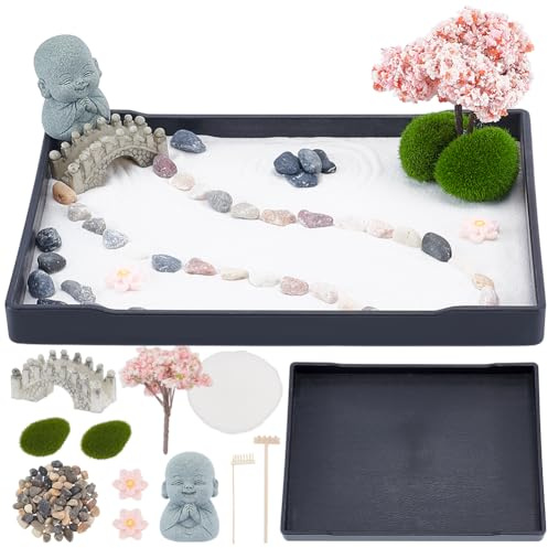 WEBEEDY Mini kit de jardin zen de style japonais avec plateau de sable, kit d'ornements miniatures pour la maison, le bureau, belle décoration, relaxation, méditation
