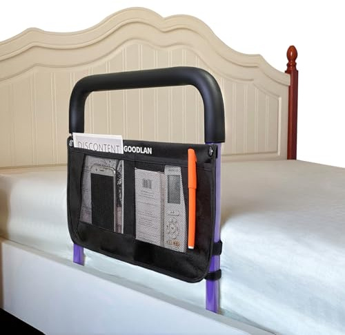 GOODLAN Rieles de cama para adultos mayores, altura ajustable, bolsillo de almacenamiento, soporte lateral, barandillas laterales para personas mayores, deslizamientos debajo del colchón, bastón