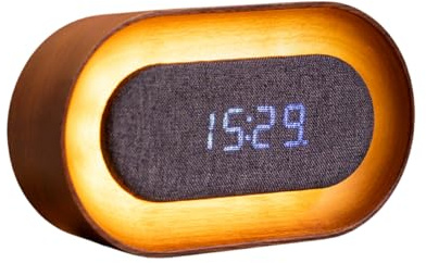 Gingko Design Lumos Wecker oval aus Walnuss | LED-Wecker mit Umgebungslicht | Moderne Uhr aus Holz mit Touch-Steuerung und wiederaufladbarem Akku