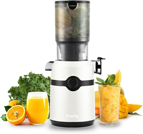 Fretta Extractor de Zumos y Verduras, Apertura de 108MM y Capacidad de 1L, Licuadora Prensado en Frio para Verduras Frutas Enteras, 200W Slow Juicer Machine,Fácil Montaje y Limpieza,Sin BPA(Blanco,1L)
