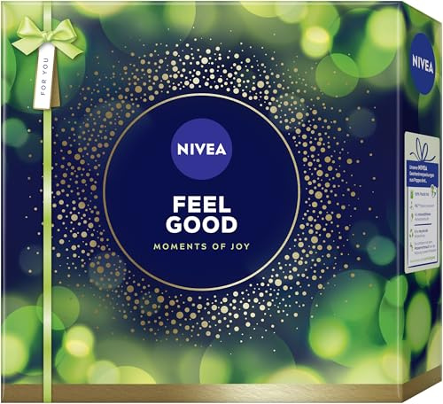 NIVEA Feel Good Geschenkset, Geschenk für Frauen, Geschenkbox mit Duschgel (250 ml), Shampoo (250 ml), Body Lotion (400 ml) und Deo (50 ml)