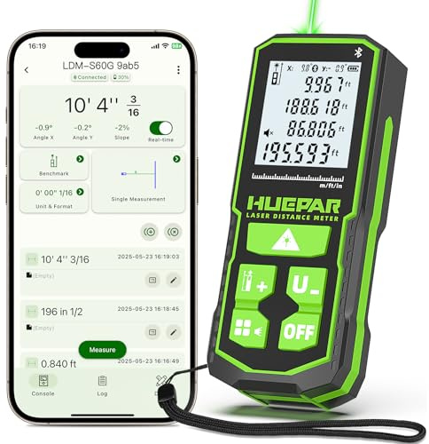 Télémètre Laser Vert Huepar 60m, Un télémètre Laser Rechargeable Compatible Bluetooth avec Application et Plusieurs Modes de Mesure, adapté à la Maison et aux Chantiers