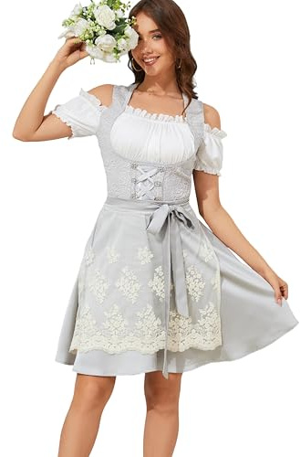 Populus Grey Oktoberfest Outfits Women German Traditional Bavarian Dirndl Dress Costume for Cosplay Party
