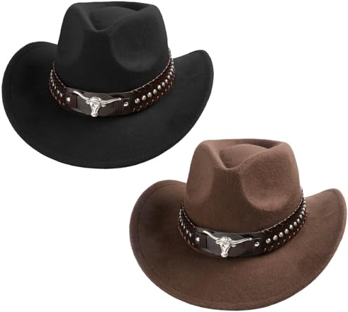 Lot de 2 chapeaux de cowboy occidental avec accessoires uniques tête de taureau - Bord vieilli - Chapeau de protection solaire d'extérieur en laine - Multifonctionnel - Unisexe - Avec sangle en cuir