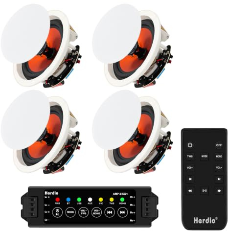 Herdio 4 tum 480 watt kraftfulla Bluetooth-takhögtalare – 4 inbyggda högtalare, klart surroundljud för hemmabio, sovrum, kök, kontor och täckt uteplats (2 Paris)