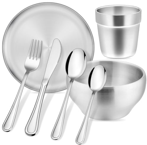HaWare Barnsele, 7-delat set för barn, barnservis i rostfritt stål från 3 år, barnbestickset med barngaffel/kniv/sked/tallrik/flingskål/kopp, giftfri och hälsosam, diskmaskinssäker