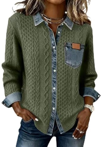 Suéter de Punto con Cuello Vaquero para Mujer, Manga Larga, Estilo Retro Informal, para otoño e Invierno (Green,XXL)
