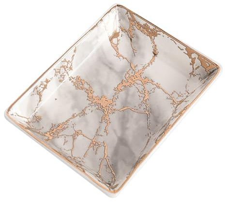 Outanaya Vassoio Portagioie in Ceramica Motivo a Venature Marmo, Decorazione da Scrivania Creativa, Design Chic e Finiture Oro per Casa e Ufficio