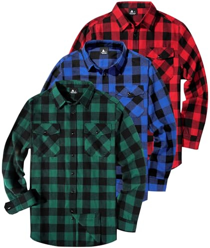 ZITY Lot De 3 Chemises en Flanelle À Carreaux pour Hommes, Manches Longues, Chemise De Bûcheron en Coton Boutonnée, Chaudes, Loisirs, Coupe Régulière, Chemise À Carreaux avec Poche Poitrine