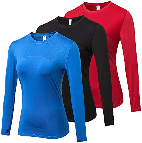 Yuerlian 3er-Pack Damen Langarm-Unterhemd für Sport, Laufen, Training