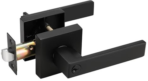 Probrico Square Entry Door Lever with Key Stainless Steel Exterior Flat Reversible Door Handle Security Front Door Lock Set Black