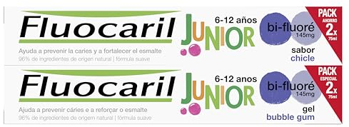 FLUOCARIL - Dentifrice Junior 6-13 ans Anti-Caries Bi-fluoré 145mg - Arôme/Goût Chewing-gum - Aide à prévenir les caries et renforce l'émail des premières dents définitives - lot de 2x75ml