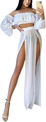 Geagodelia Copricostume da Donna Estivo 2 Pezzi Completo Abito Donna da Spiaggia Top a Manica Lunga con Spalle Scoperte e Gonna Abito Lungo Sexy per Vacanza al Mare (Bianco, Taglia Unica)