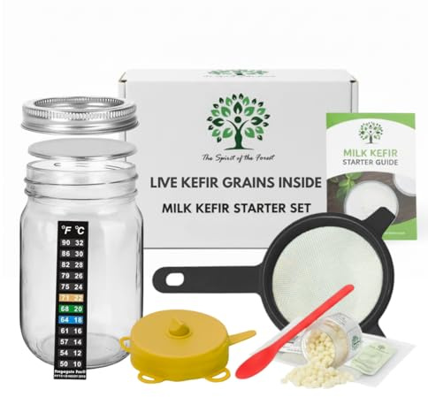 Original Live Milk Kefir Grains Starter Kit for Almond, Whole or Coconut Milk with Active Probiotic Cultures, Jar, Fermentation Lid, Spoon, Thermometer & Strainer by The Spirit Of The Forest