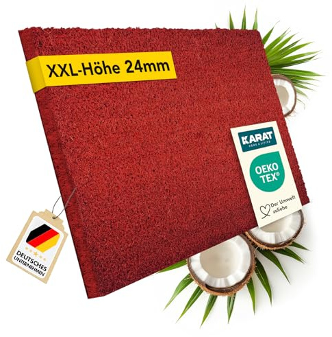 KARAT Felpudo para exterior e interior, 50 x 80 cm, color rojo, XXL, altura 24 mm, extragruesa, felpudo de coco, alfombrilla de coco con parte trasera antideslizante para puerta de casa, entrada