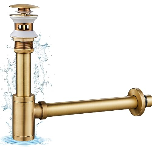 KINKIBOS Universal Siphon und Ablaufgarnitur Set für Waschbecken mit Überlauf, Ablaufgarnitur Waschbecken POP UP mit Überlauf inkl. Dichtungen, Design Siphon Waschbecken für Bad, Antik Messing